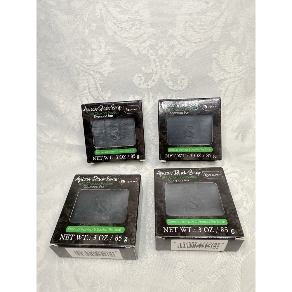 B-Pure-African Black Soap W/Charcoal Powder Shampoo Bar. 3oz/85gm Lot‎ Of 4